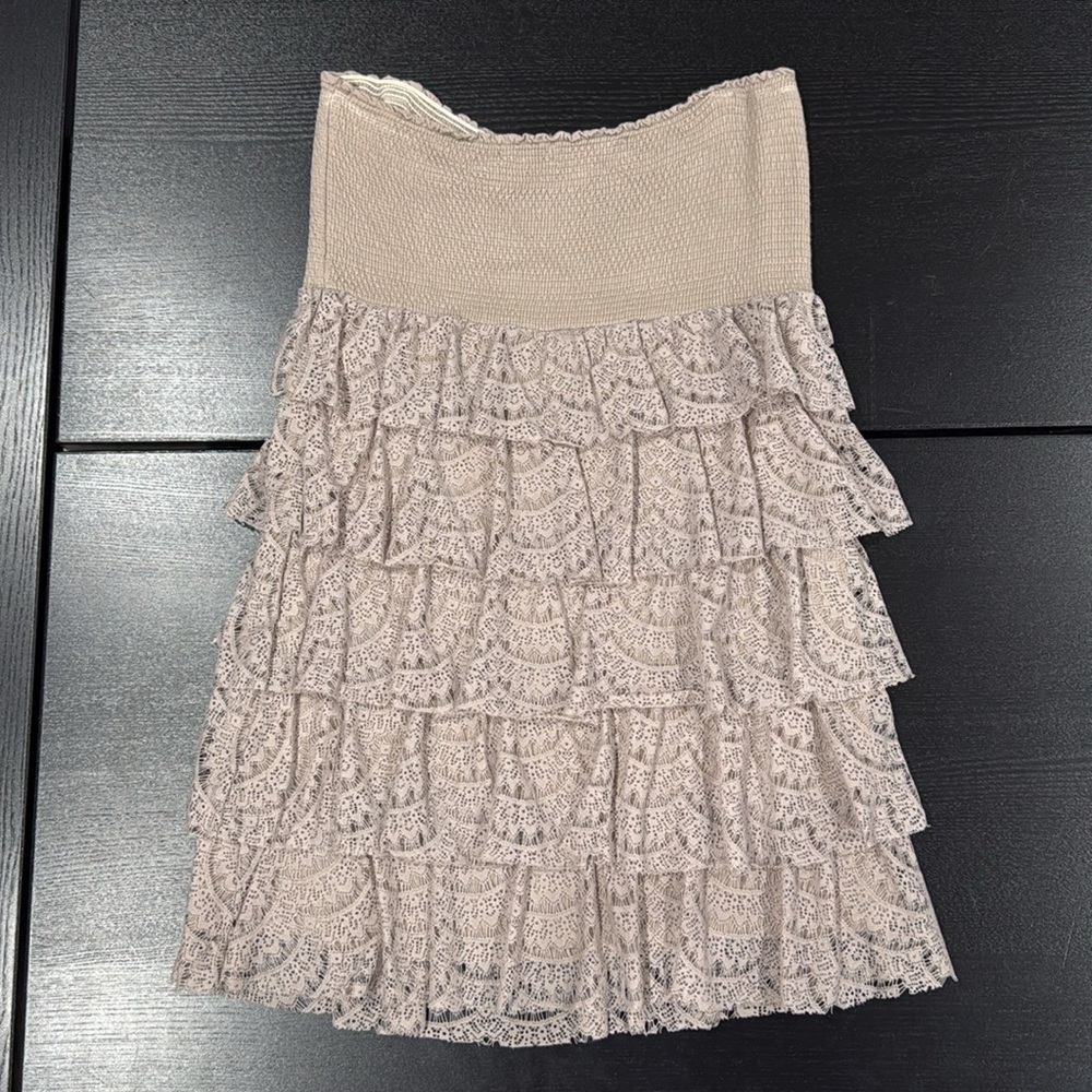 Forever 21 Elegant Taupe Strapless Lace Tiered Mini Dress - L - Picture 7 of 12